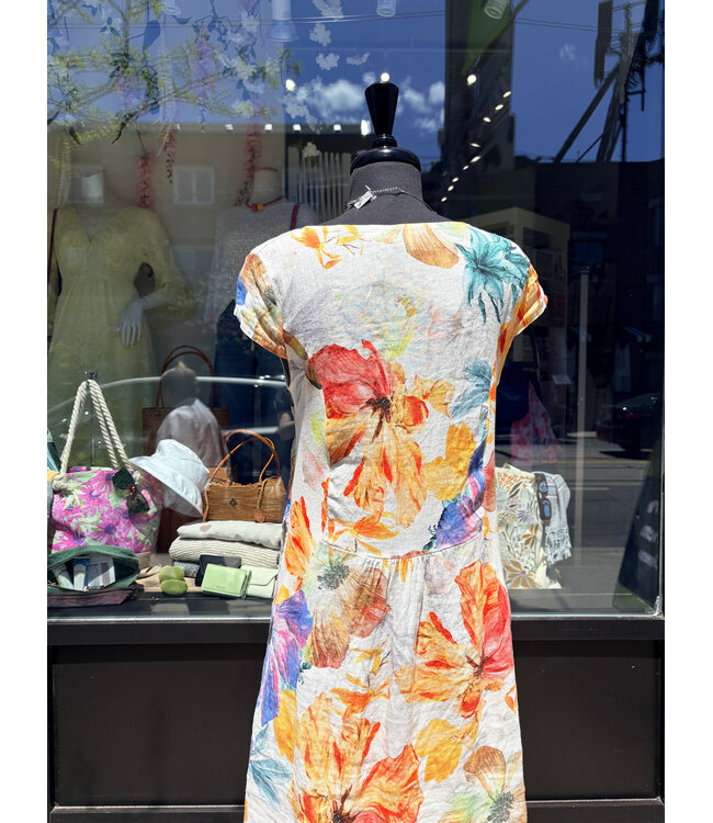 Linen Cap Sleeve Dress - Coral Floral