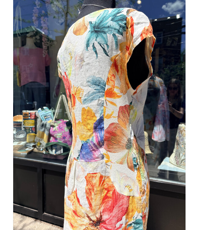 Linen Cap Sleeve Dress - Coral Floral