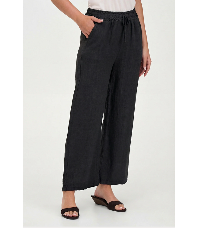 Drawstring Wide Leg Linen Pant - Black