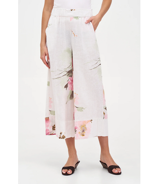 Wide Leg Floral Linen Cropped Pants - White Zinnia