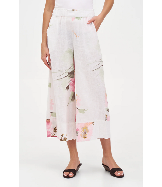 Wide Leg Floral Linen Cropped Pants - White Zinnia