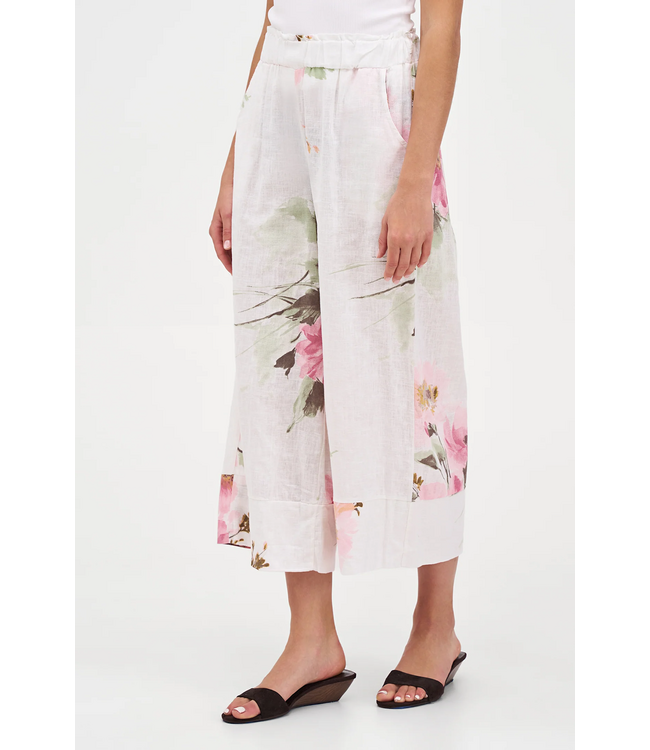 Wide Leg Floral Linen Cropped Pants - White Zinnia