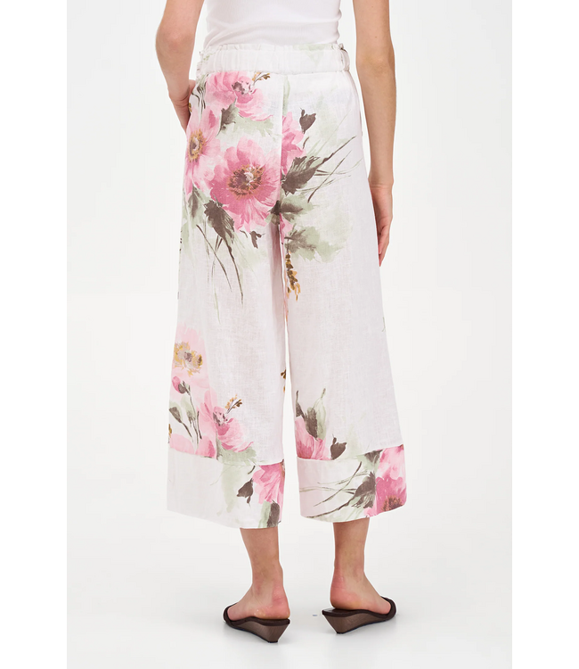 Wide Leg Floral Linen Cropped Pants - White Zinnia