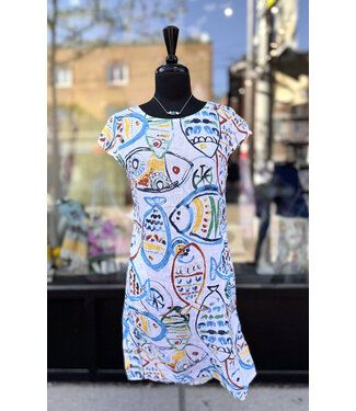 Angela Mara Cap Sleeve Linen Dress - Fish