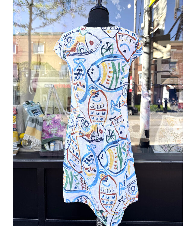 Angela Mara Cap Sleeve Linen Dress - Fish