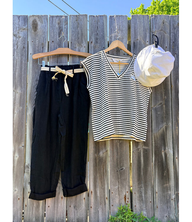 Belted Linen Capri - Black