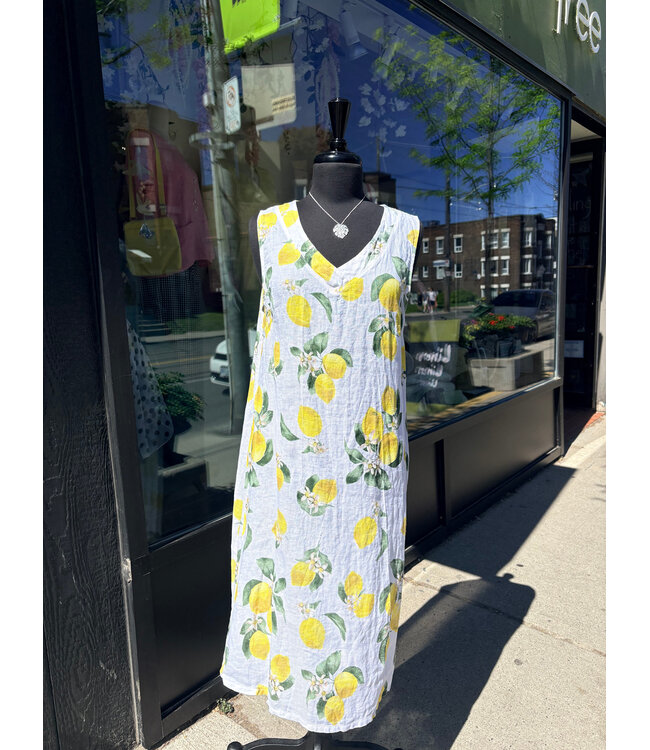 Angela Mara V-Neck Linen Dress - Lemon