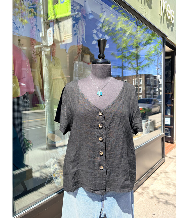 Pistache Linen Button Down Top - Black
