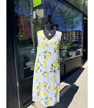 Angela Mara V-Neck Linen Dress - Lemon