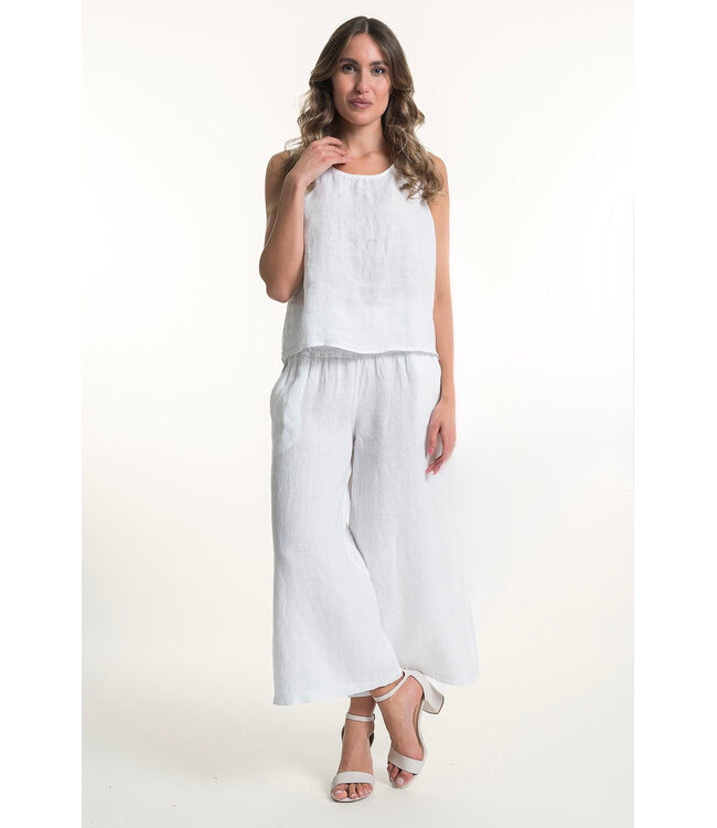 Sleeveless Linen Top w/ Buttons at Back - White