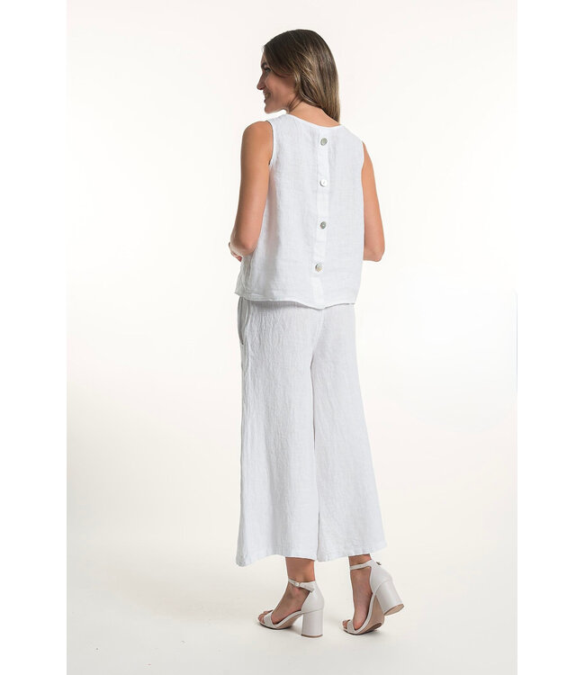 Sleeveless Linen Top w/ Buttons at Back - White