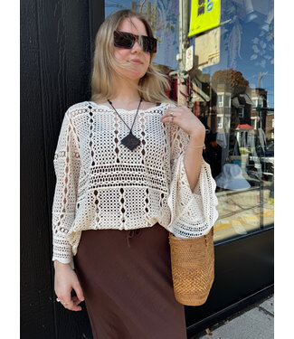 Apricot Crochet Bell Sleeve Top - Stone