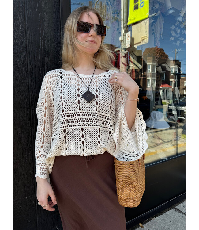 Apricot Crochet Bell Sleeve Top - Stone