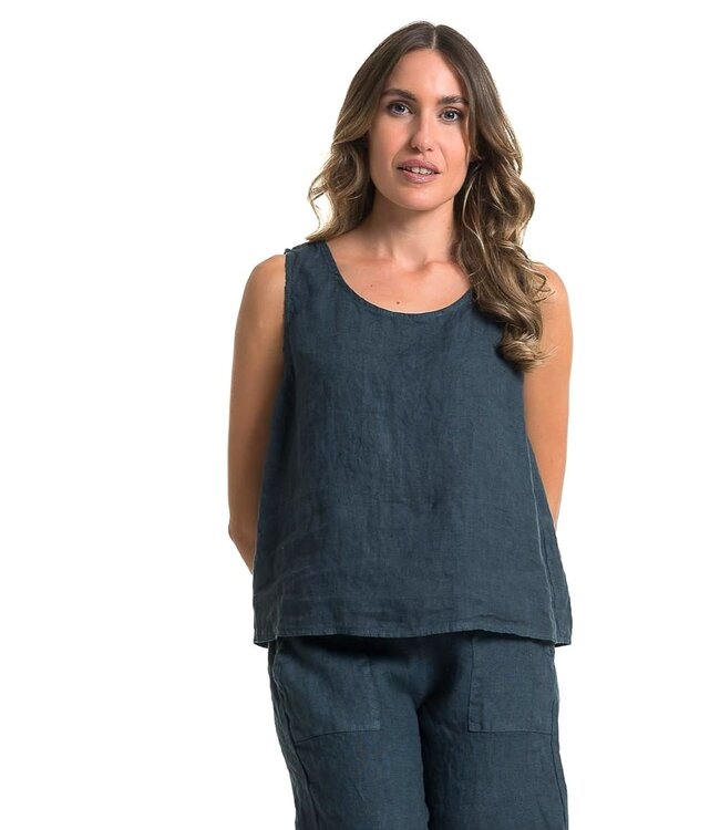 Sleeveless Linen Top w/ Buttons at Back - Slate