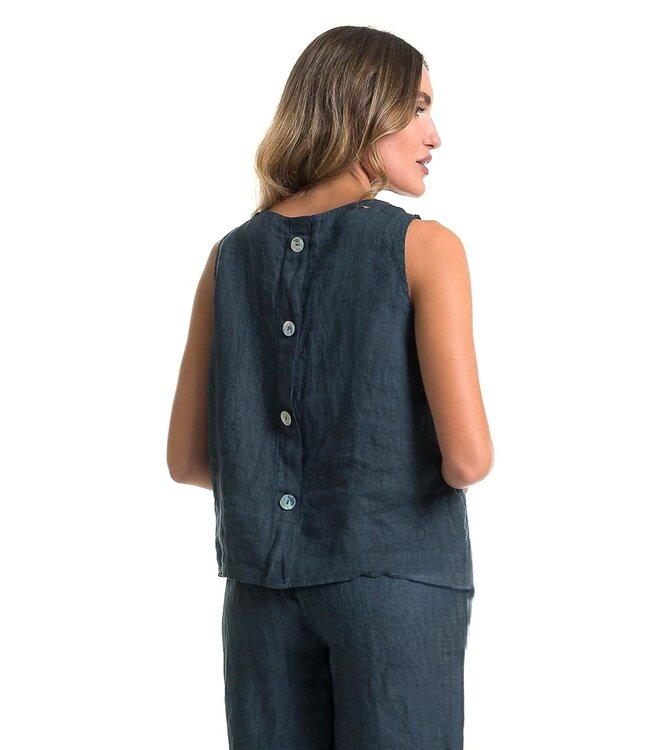 Sleeveless Linen Top w/ Buttons at Back - Slate