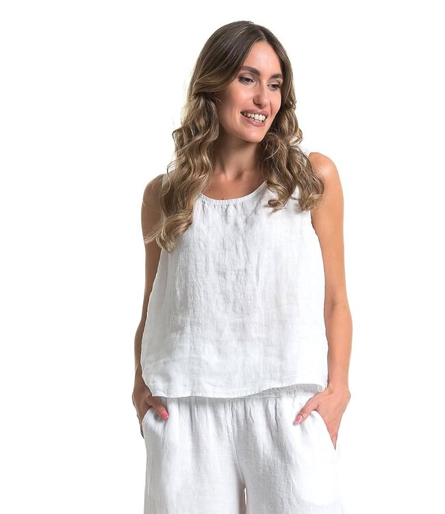 Sleeveless Linen Top w/ Buttons at Back - White