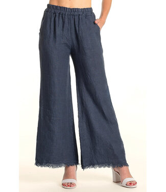 Linen Pants Wide Leg w/ Fringe - Navy