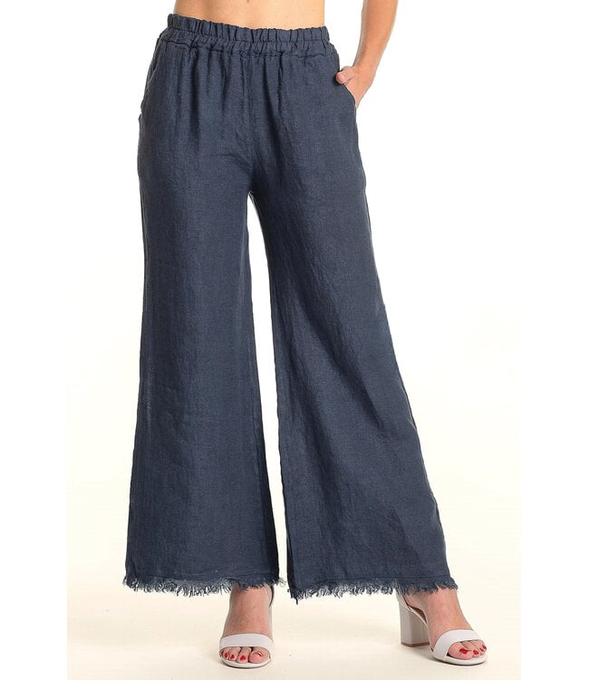Linen Pants Wide Leg w/ Fringe - Navy
