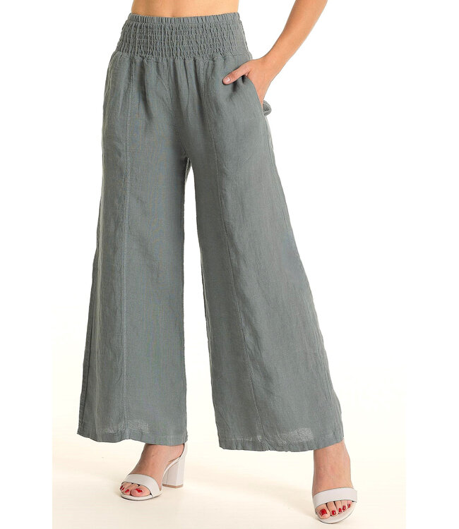 Elastic Waistband Linen Pants - Topo