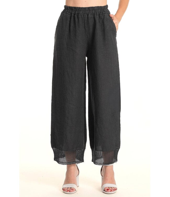 Linen Pants Wide Leg w/ Crochet Trim - Black