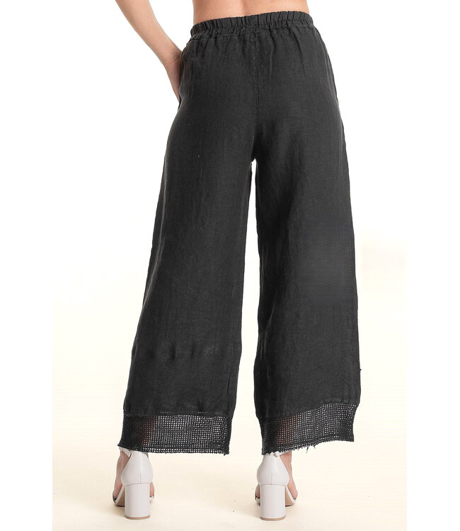 Linen Pants Wide Leg w/ Crochet Trim - Black