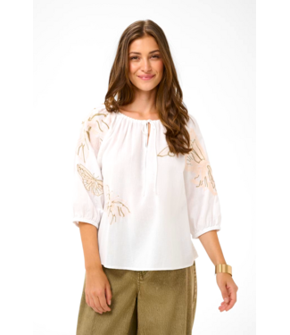 Cream Embroidered Butterfly Cotton Blouse - White