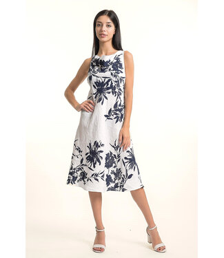 A-Line Bias Cut Linen Dress - White /Navy