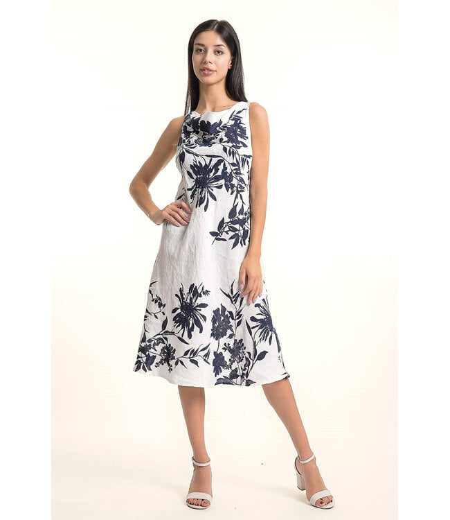 A-Line Bias Cut Linen Dress - White /Navy