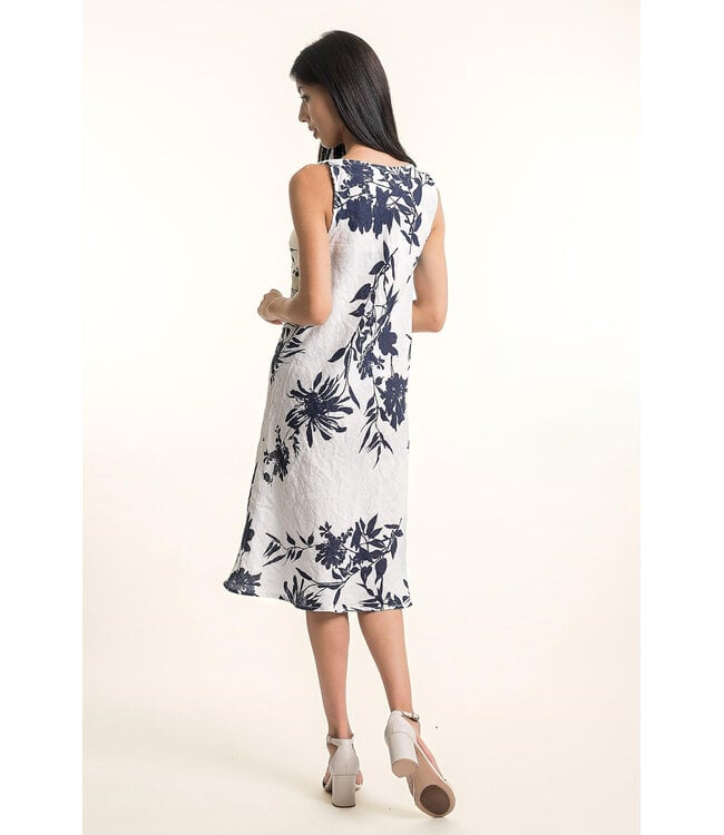 A-Line Bias Cut Linen Dress - White /Navy