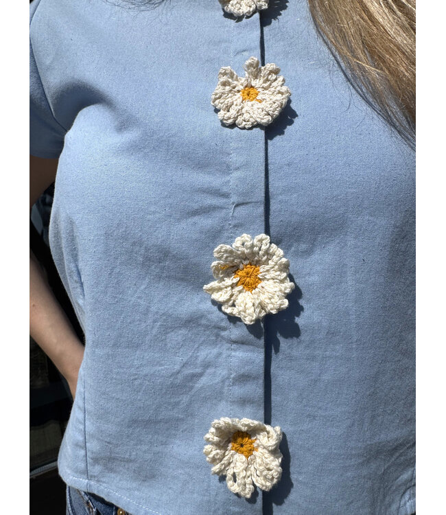 Compania Fantastica Cotton Blouse - Light Blue w/ Daisy Crochet