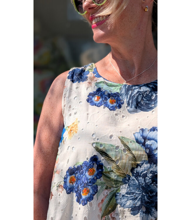 Eyelet Printed Sleeveless Dress - Blu