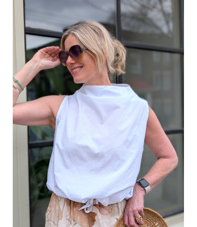 Boat Neck Drawstring Top - White