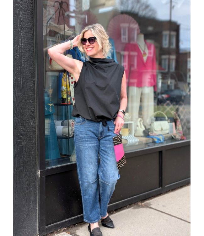 Boat Neck Drawstring Top - Black