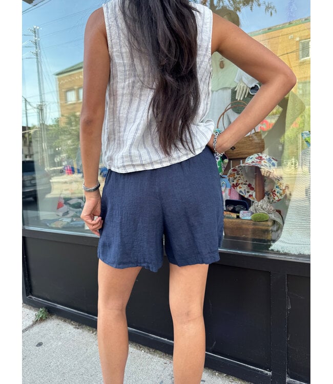 Elastic Waist Linen Short - Navy