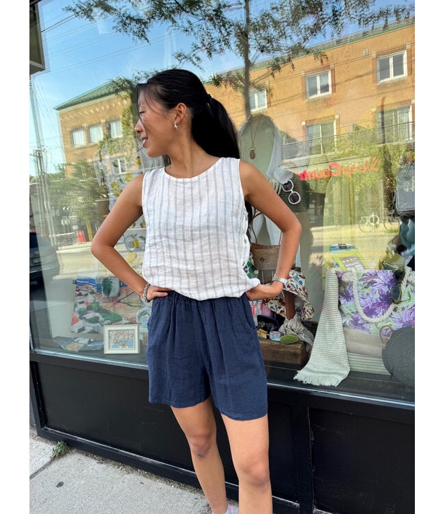 Elastic Waist Linen Short - Navy