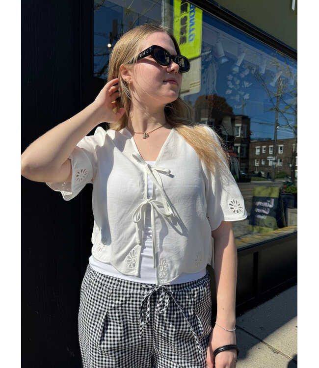 Point Zero Front Tie Eyelet Crop Top - White