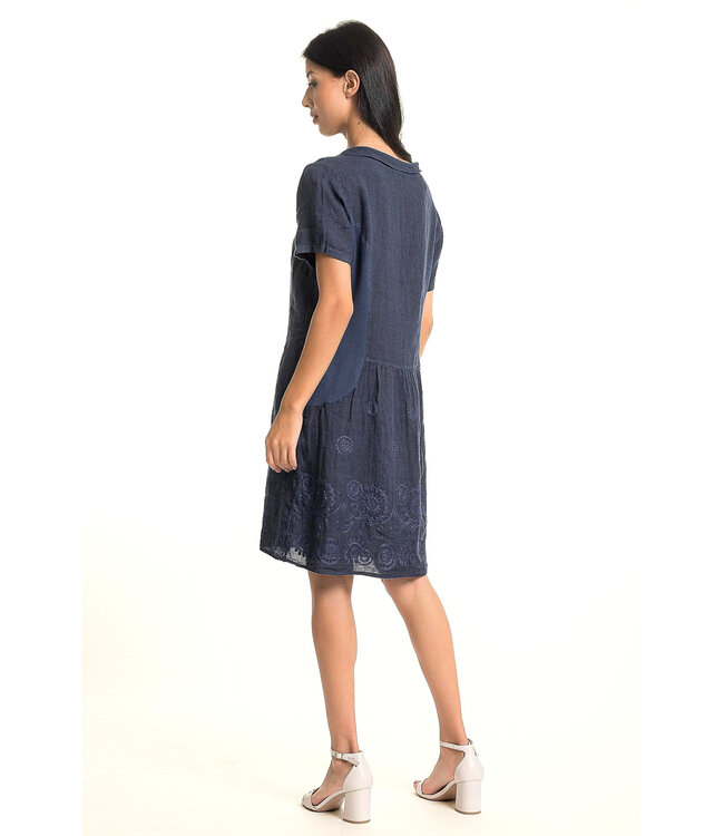 Linen Dress w/ Embroidery - Navy