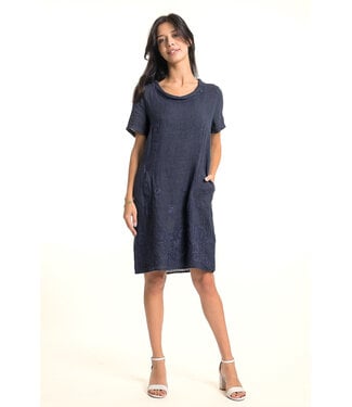 Linen Dress w/ Embroidery - Navy