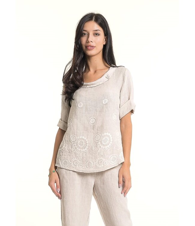 Linen Top w/ Embroidery - Beige