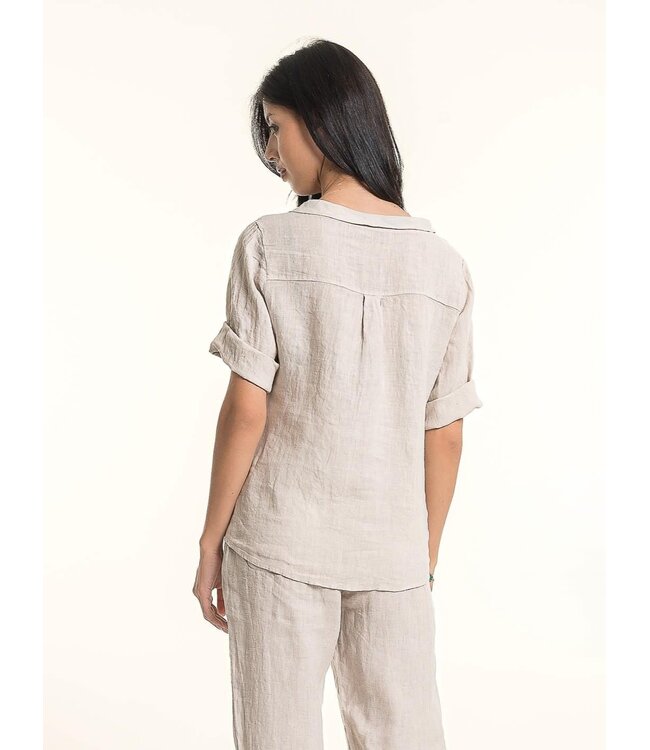 Linen Top w/ Embroidery - Beige