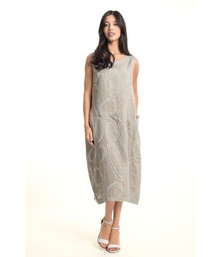 Linen Dress w/ Circular Print- Fango/White
