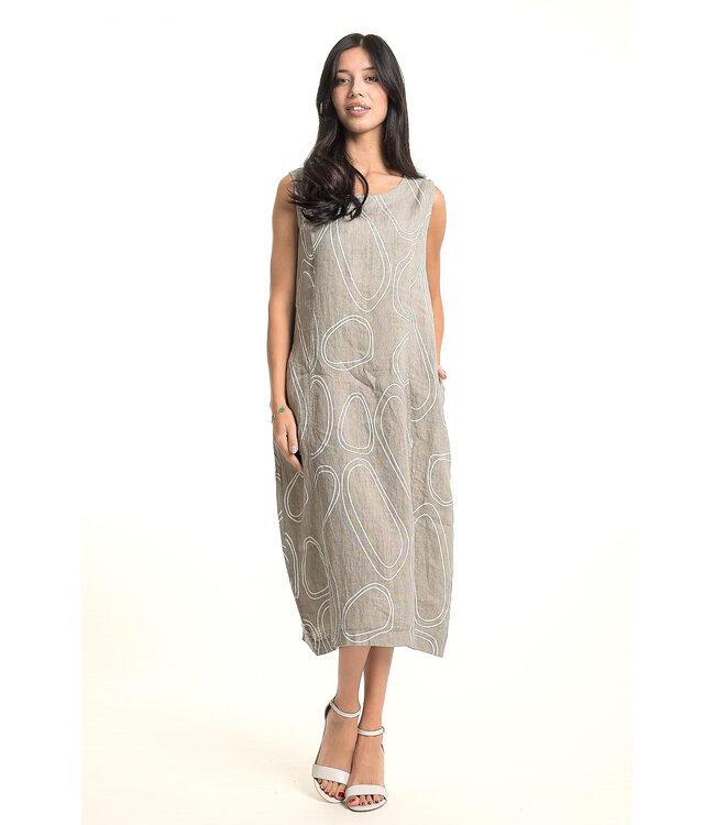 Linen Dress w/ Circular Print- Fango/White