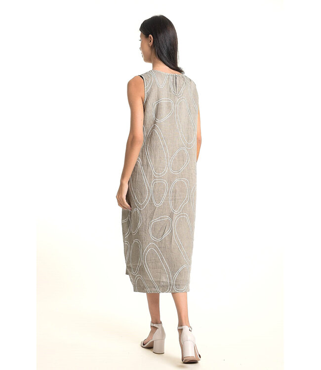 Linen Dress w/ Circular Print- Fango/White