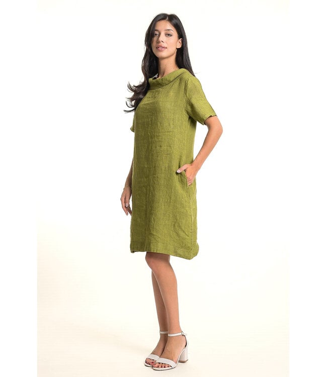 Linen Dress Cowl Neck - Olive