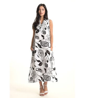 Printed Long Linen Dress - Black & White
