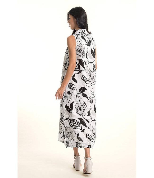 Printed Long Linen Dress - Black & White
