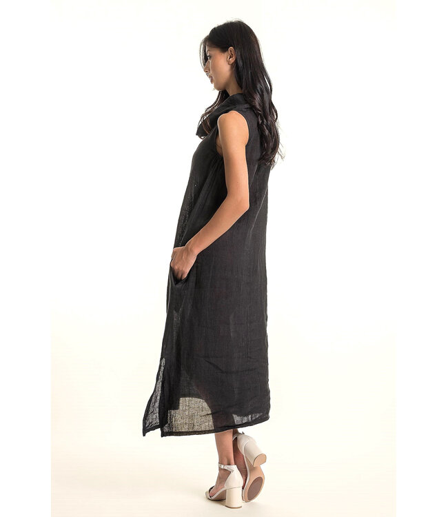 Long Linen Dress Cowl Neck - Black
