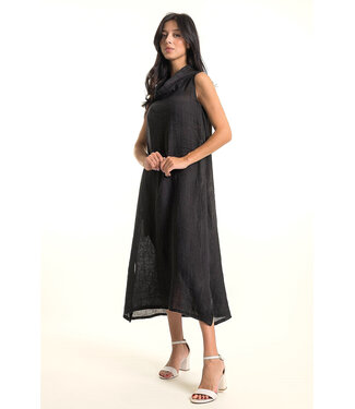Long Linen Dress Cowl Neck - Black