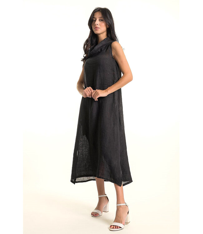 Long Linen Dress Cowl Neck - Black