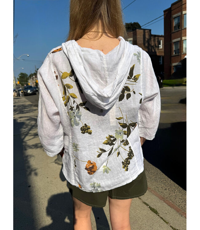 Linen Button  Down Hoodie - White
